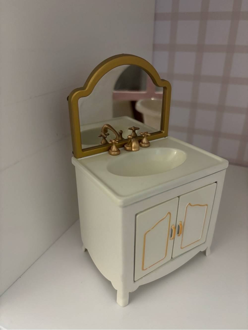 White & Gold Doll Vanity Sink with Mirror